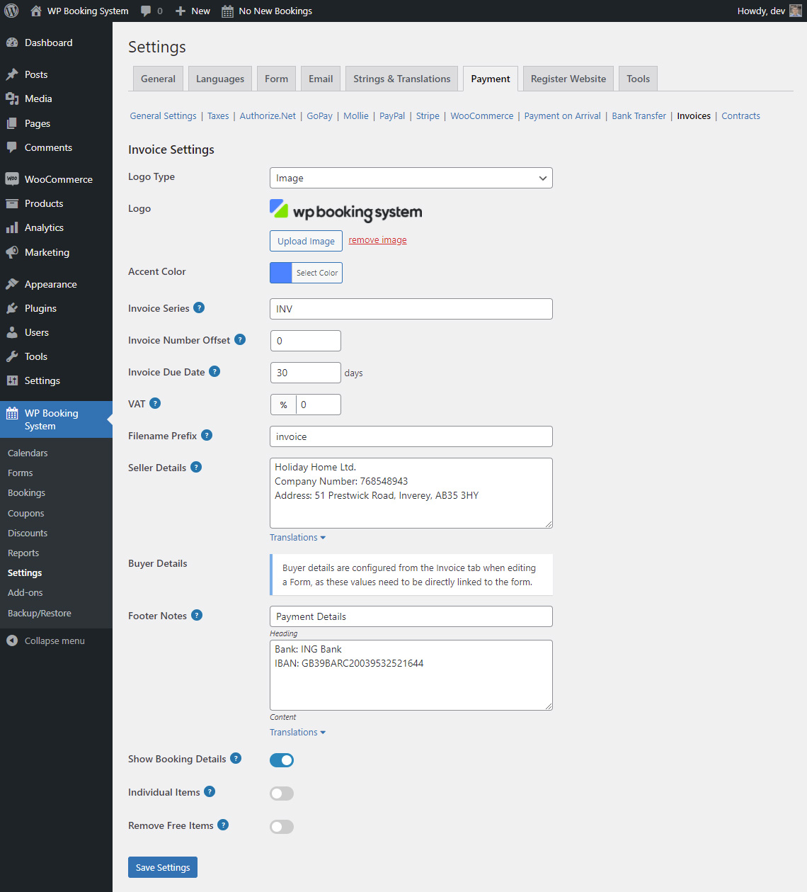 Invoice settings – WP Booking System